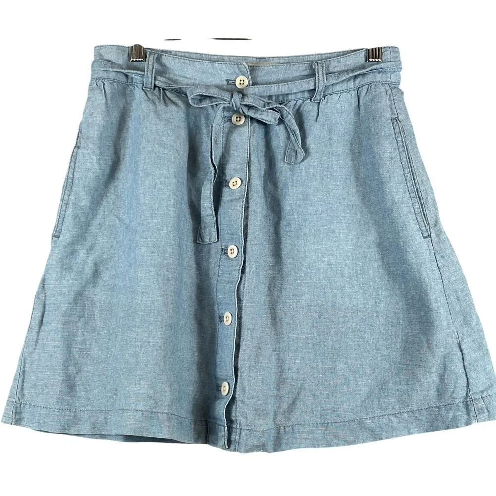 Madewell Cotton Linen Button Front Tie Waist Mini Skirt Chambray Blue Sz 4